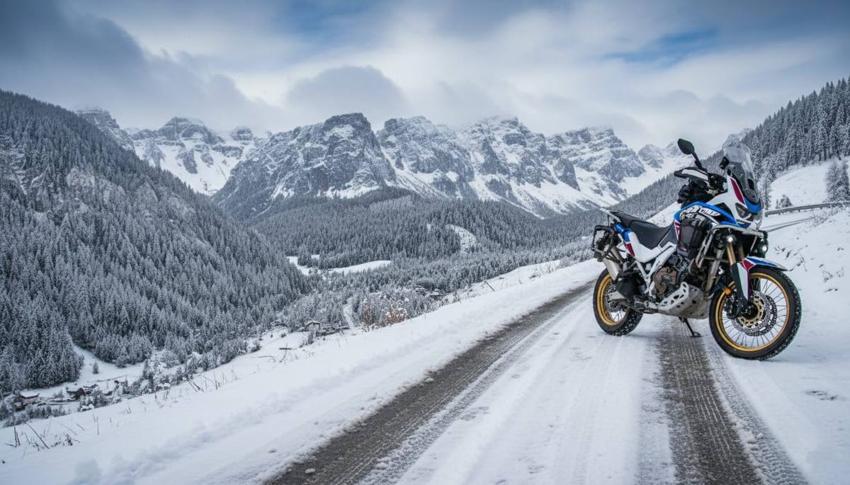 Motorrad im Schnee vor Alpenpanorama